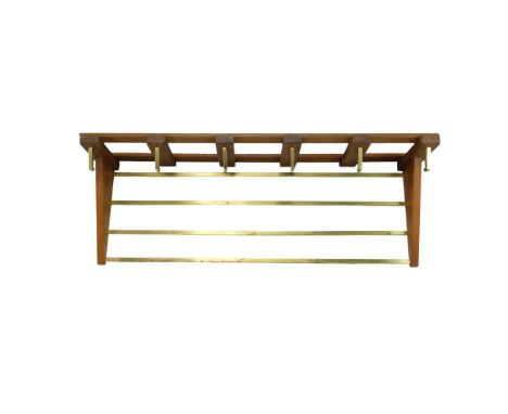 A 1960s teak and brass coat and hat wall shelf bracket, 80 cm