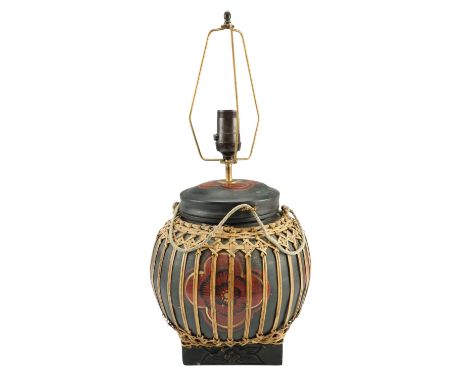 A late 20th Century table lamp in the form of a Chinese rice container, 33 cm to socket