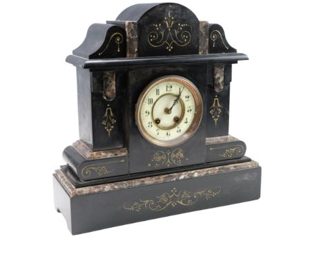 A Victorian polished slate and marble mantle clock of architectural form having a two-train movement and striking on a coiled
