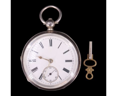 A Victorian silver pocket watch, having a key-wound lever movement (not named) and enamel face with Roman numerals, blued ste