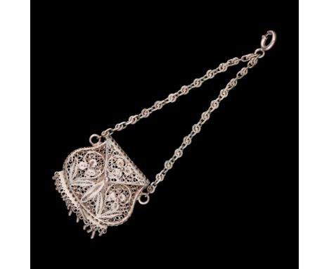 A Victorian nickel filigree chatelaine coin or similar purse, 11 cm 