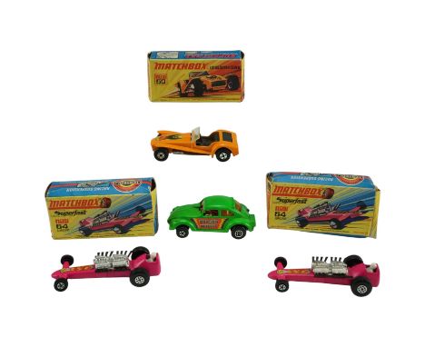 A 1972 Matchbox Superfast Dragon Wheels No. 43 diecast toy car, together with two boxed 1970 Slingshot No. 64 in pink colourw