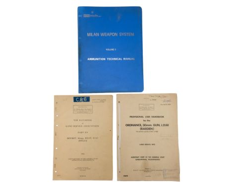 Three 1970s British Army weapons manuals: "Provisional User Handbook for the Ordnance, 30 mm Gun, L21A1 (Rarden); "Rocket, 66