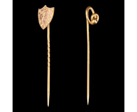 Two high-carat yellow metal stick pins one having a bright-cut shield terminal, 1.8 g 