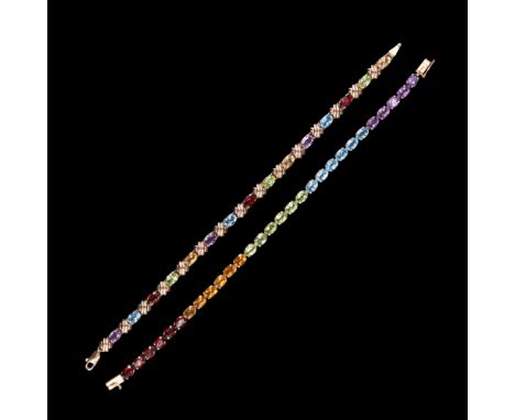 Two tennis-type bracelets, each being claw-set with blue, purple, green, orange and red oval-cut gemstones, on 9 ct gold, 19.