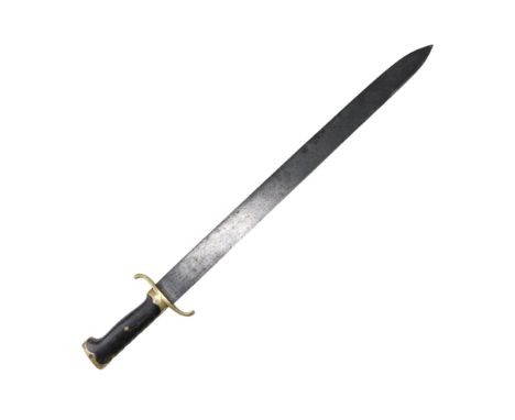 A late 19th Century spear-pointed machete, having a brass hilt with horn grip scales and re-curved cross-guard, the blade sta