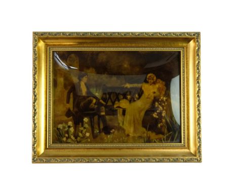 A study of a well-dressed, nonchalant lady relaxing on a bench in a garden setting, sat peering at the viewer and accompanied