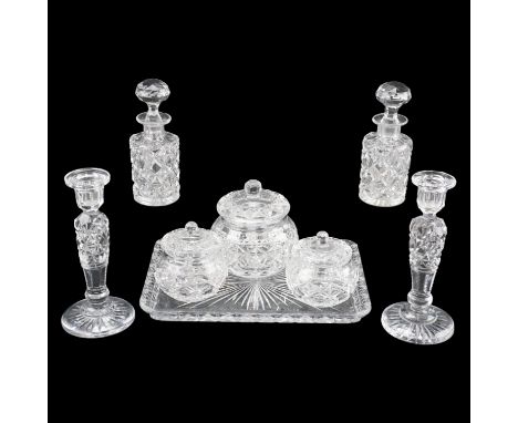 A cut glass dressing table set, candlestick 20 cm, (chips to rim of tray)