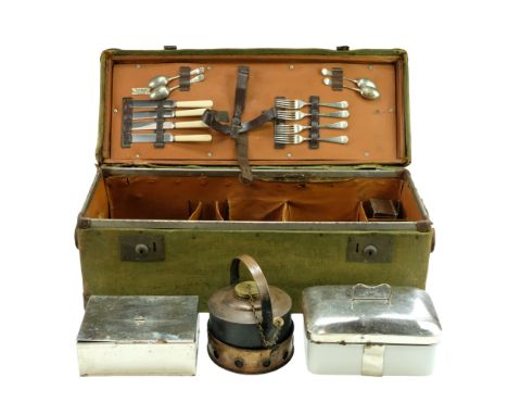 A vintage Sirram campaign / travel hamper including a copper spirit kettle etc, early 20th Century, 71 cm x 27 cm x 27 cm