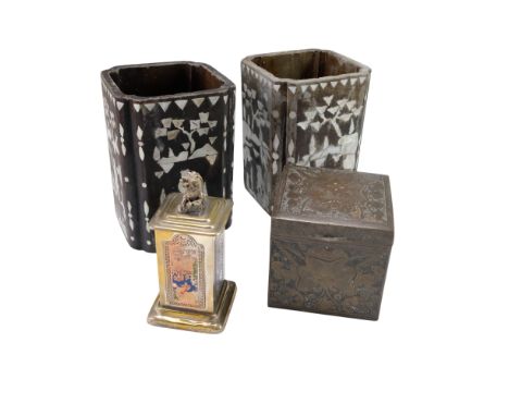 A pair of early 20th Century Chinese mother-of-pearl-inlaid ceramic vases or brush pots, together with a Chinese or South Asi