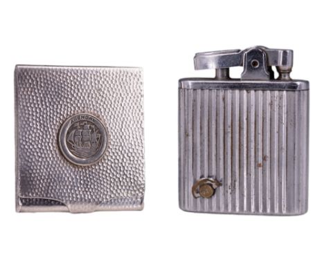 A Crown Musical Lighter, circa 1940s/1950s, together with a Kraft Alpaca "Arendal" planished stainless steel matchbook case