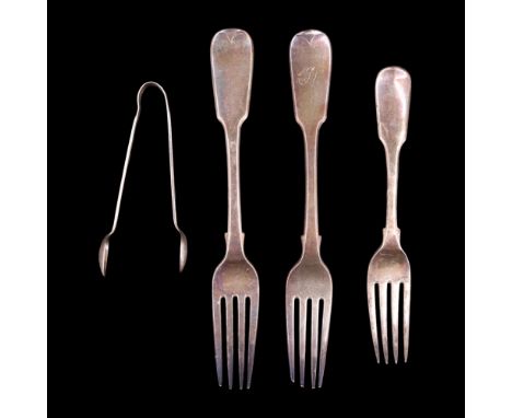 A pair of William IV silver fiddle-pattern table forks together with a George III fork and a set of Edwardian sugar tongs, fo