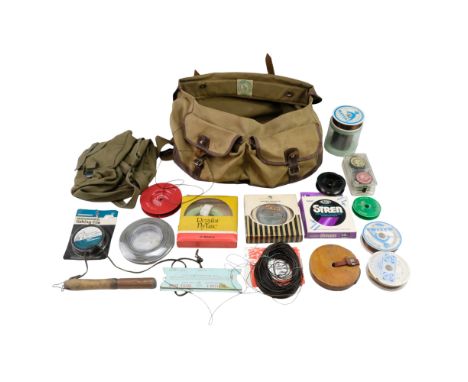 A fishing bag together with three-rod slips and a number of fishing lines, a priest etc