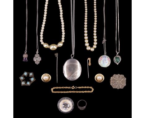 A group of vintage jewellery including a floral enamelled and rose-engine-turned white metal double locket, an open heart-sha