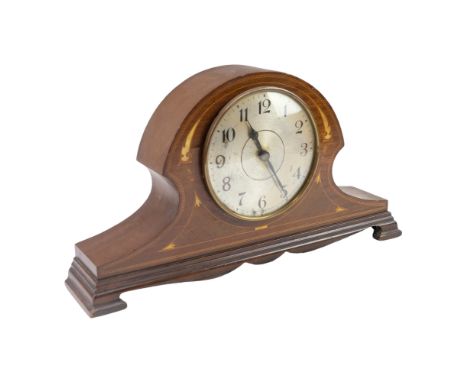 An early 20th-century marquetry inlaid mahogany mantle clock, having a spring-driven movement, 42 cm x 23 cm, (running when c