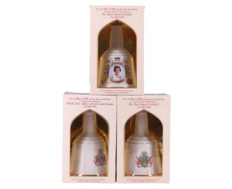 Two boxed Bell's royal commemorative ceramic decanters of whisky for Queen Elizabeth's 60th Birthday together with a boxed Pr