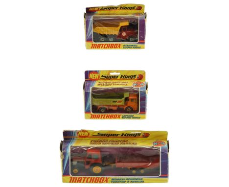 A boxed 1970s Matchbox Super Kings diecast Massey Ferguson Tractor &amp; Trailer, together with Scammell and Leyland Tipper T
