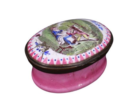 A Georgian Bilston style enamelled patch box, its oval hinged lid decorated in depiction of a lady and her kneeling suitor in