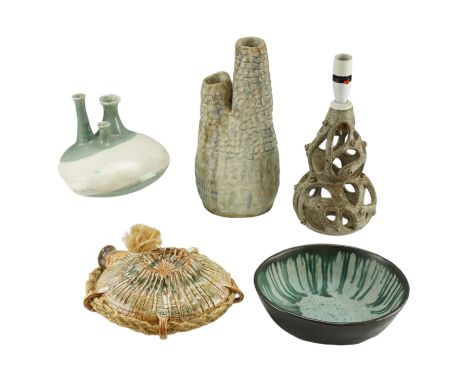 A group of mid-20th-century studio pottery including a Mary White moon flask, a table lamp and a multi-spout vase, tallest 33