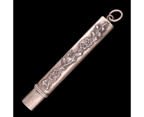 A 19th Century Canton silver chatelaine pencil holder, relief-decorated in depiction of blossoming prunus, stamped WO [Wong S