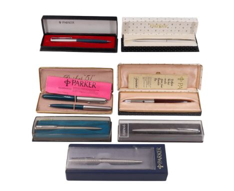 A group of vintage cased Parker propelling pencils, ballpoint and fountain pens including a Parker 51 fountain and ballpoint 