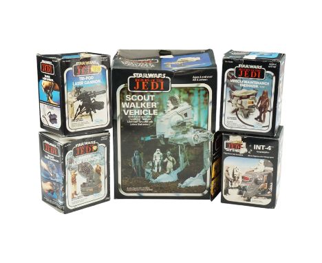 Five boxed 1980s Kenner Star Wars Return of the Jedi toys comprising Scout Walker Vehicle, Tri-Pod Laser Cannon, INT-4 Interc