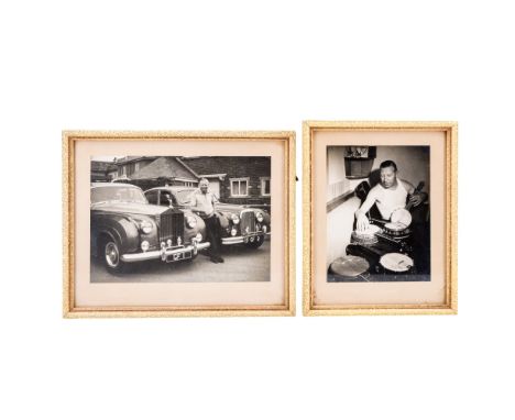 A pair of uniformly framed photographs respectively of George Formby with Rolls Royce and Jaguar cars, registered 'GF1' and '