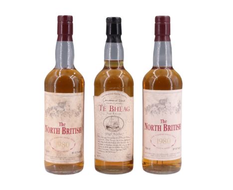 Two bottles of The North British 1980 Scotch Whisky together with a bottle of Té Bheag whisky, 70 cl each