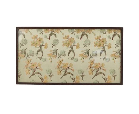 A framed jacquard loom floral woven fabric panel, label verso inscribed "given to Aunt Daisy Dottridge, circa 1926, at Knaphi