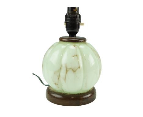 A mid 20th Century mottled green glass melon-form table lamp, 21 cm to socket