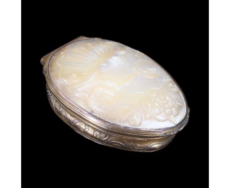An 18th Century gilt-metal-mounted cowrie shell and mother-of-pearl pocket snuff box or bonbonniere, its hinged lid relief-ca