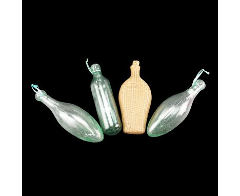 An early 20th Century wicker-bound flask, 20 cm, together with two Hamilton torpedo glass bottles and one other bottle