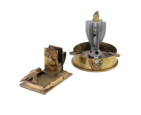 A Second World War Loyal North Lancashire Regiment trench art ashtray and cigarette lighter fabricated from an artillery shel