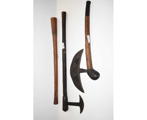 Two African Axes with wooden handles and a wooden musical instrument (3)Provenance brought back from Rhodesia in the 1960s.  
