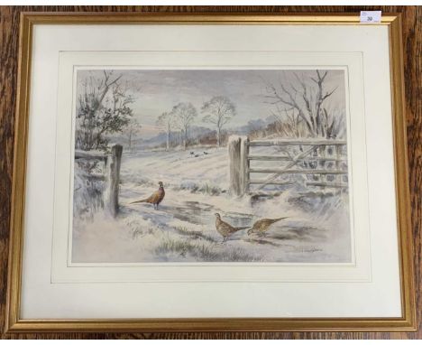 Roland Green (1896-1972), 'Pheasants by a gate', watercolour and gouache, signed, 48.5x35cm, framed and glazed. Prov: Tudor G