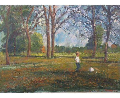 Patricia Espir (British, 1934–1999) "Mikey &amp; his football" oil on canvas, signed and dated lower right, 90x65cm, framed