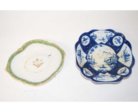 Two Bow Porcelain Dishes c.1765, the first with chinoiserie decoration on powder blue ground 25cm diameter (af), the second w