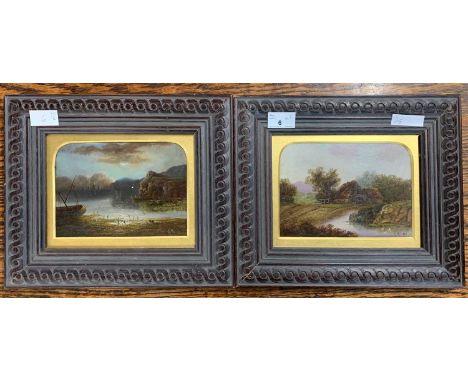G. Morris (British, 20th century), A moonlit bay / cove and a countryside view, oils on board, signed, 18.5x13cm, framed (2)