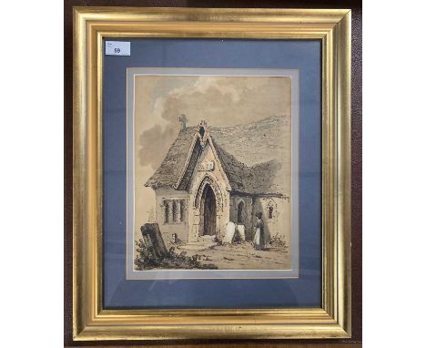 In the manner of Samuel Prout RWS (1783-1852), A lady stands before the entrance of a church, watercolour and ink, printed co