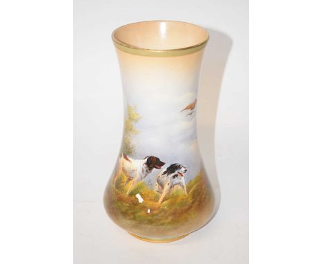 A Crown Devon vase painted with hunting dogs, signed by R Hinton, 23cm high