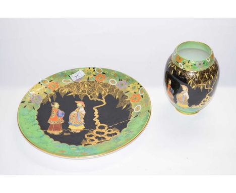 A Carlton ware charger, circa 1930's the centre with Oriental figures beneath a tree within floral borders, pattern number 36