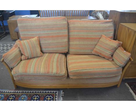 An Ercol two seater sofa with striped loose cushions, 90cm wide
