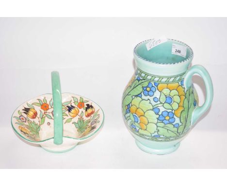 A Charlotte Rhead vase for Crown Ducal with tubelined floral design on green coloured base with single loop handle, factory m