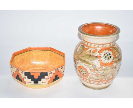 A Charlotte Rhead bowl for Crown Ducal with geometric design together with a vase with tubelined rose design, both with facsi