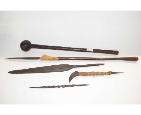African Throwing Spear (78cm long) and other Spearheads together with a knife with rope handle and knobkerrie (60cm long) (5)