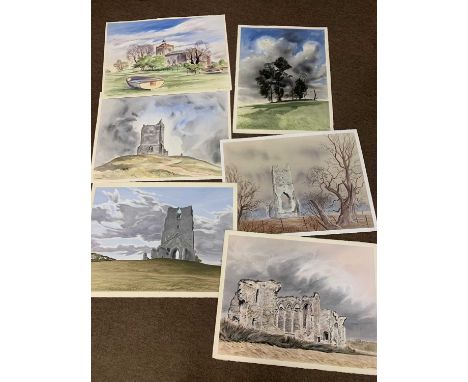 Graham Wildridge (British, 20th century), A group of six original landscape studies, watercolours and ink on Saunders Waterfo