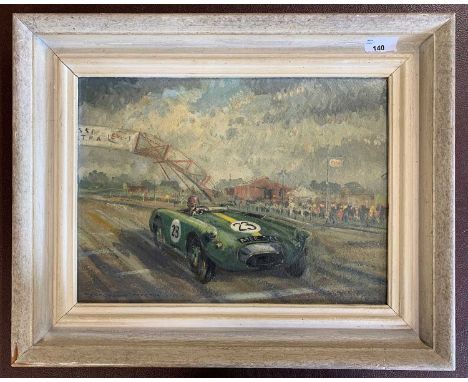 Cavendish Morton (British,1911-2015), 'Jack Sears in 1954 Lister MG', oil on board, signed, 37.5x27.5cm, framed
