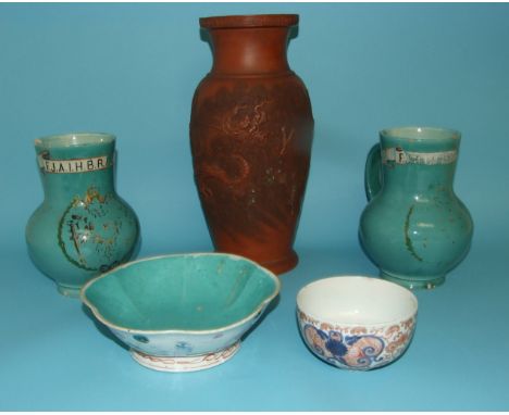 A Chinese earthenware vase, decorated a dragon, two Continental pottery drug jars (chipped), and two bowls (a.f.) (5) Conditi