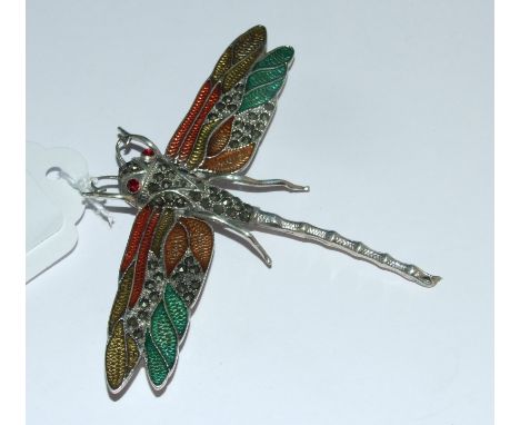 A silver and enamel dragonfly brooch