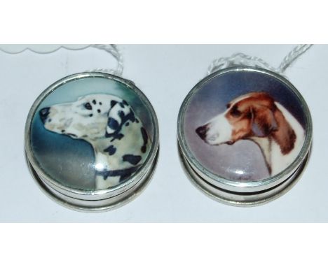 Two silver and enamel dog pill boxes